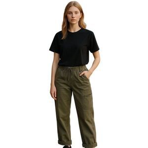 Nicole Miller Chambray Jogger Cargo Pants S Drawstring Green Utility Slouchy